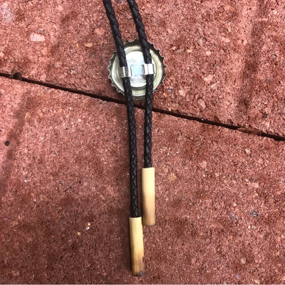 Ram Shiner Bock beer Bottle-cap Bolo Tie black cord bamboo tips unique gift - Picture 4 of 4